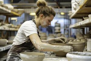 A woman is working on a pottery wheel photo