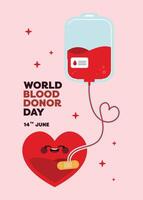 Poster design for World Donor Day in flat style with a blood donation IV bag as the main symbol, emphasizing care, health, and the life-saving impact of donations vector