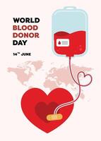 Flat design poster layout for World Donor Day featuring a blood donation IV bag as the main element, symbolizing care, health, and support for saving lives vector