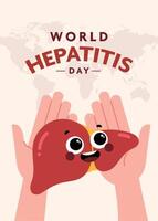 Flat style poster layout for World Hepatitis Day featuring an open hand gesture representing awareness, compassion, and the importance of giving support to others. vector