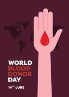 Flat design poster layout for World Donor Day featuring a hand gesture symbolizing giving with emphasis on awareness, compassion, and the importance of donations for those in need vector