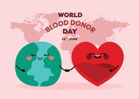 Flat style poster layout for World Donor Day featuring a globe holding hands with a blood drop, symbolizing global unity, support, and the spirit of saving lives. vector
