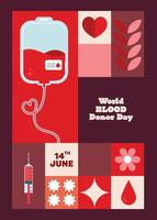Flat design poster layout for World Donor Day featuring elements like blood bags, hearts, drops, and supportive icons to raise awareness and encourage donations for those in need vector
