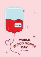 Flat design poster layout for World Donor Day featuring a blood donation IV bag as the central element, symbolizing care, health, and the importance of supporting life-saving donations vector