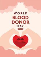 World Donor Day flat poster layout using a giving hand gesture to highlight the values of awareness compassion and contribution vector