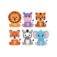 A set of cute illustrations in a simple childish style. Safari animals. Cute tiger, lion cub, elephant cub and hippo, zebra isolated on white background vector