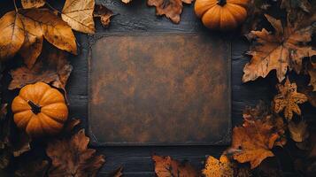 Autumnal Background with Pumpkins Leaves and Rustic Slate photo