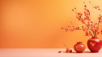 Chinese New Year Floral Arrangement with Red Vases and Peach Blossoms photo