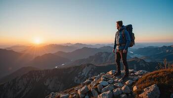 Person on Mountain Peak at Sunrise, Overlooking Vast Mountain Range photo