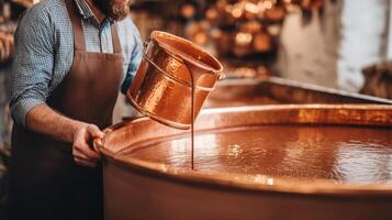 Close up of a Chocolatier Tempering Chocolate in a Copper Pot photo