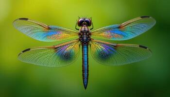 Iridescent Dragonfly Macro Photography Vibrant Green Background photo
