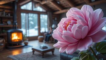 Pink Peony in Rustic Cabin Interior with Warm Fireplace Glow and photo