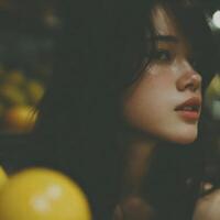 Woman Smelling Citrus Fruit At Marketplace photo