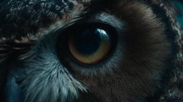 Close Up of an Owl's Eye at Dusk Telephoto Wildlife Photography photo