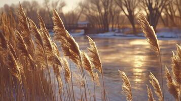 Brown Grasses Illuminated By Golden Hour Sunlight Along A Calm Winter photo
