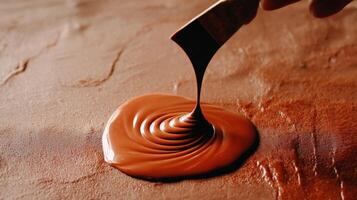 Close Up of a Chocolatier Tempering Dark Brown Chocolate, Swirling Molten Liquid onto a Brown Surface photo
