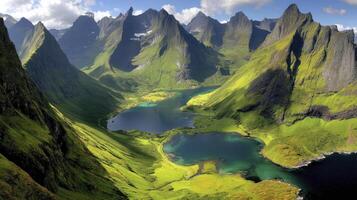 Serene Mountain Valley with Turquoise Lakes and Lush Greenery photo