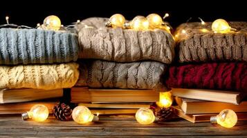 Cozy Autumn Still Life with Stacked Knit Sweaters Books and Warm Lights photo
