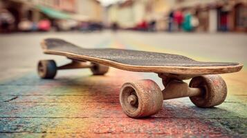 Retro Skateboard on a Colorful Urban Sidewalk photo