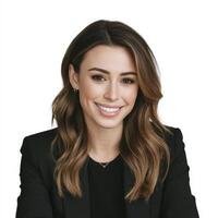 Smiling Woman in Blazer Against White Background photo