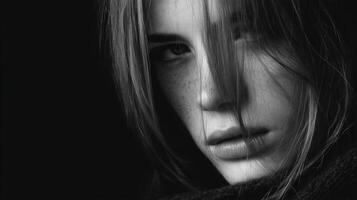 Closeup Black and White Portrait of a Woman with Intense Gaze photo