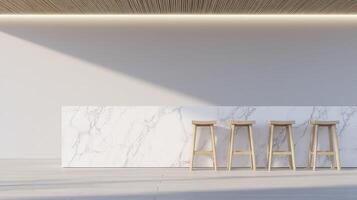 Bright Scandinavian Kitchen With Marble Island And Wooden Stools photo