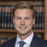Portrait Of A Smiling Young Man In A Blue Suit Against A Bookshelf photo