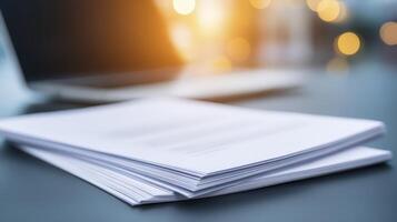 Bright Sunlight Illuminates Stack Of Documents On Modern Workspace photo