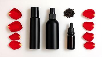 Minimalist Flatlay Skincare Products with Rose Petals and Black Bottles photo