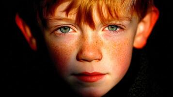 Close Up Portrait of a Young Boy with Red Hair and Freckles Soft Dreamy Lighting photo