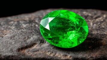 Macro Shot Vibrant Green Emerald Gemstone on Dark Background photo