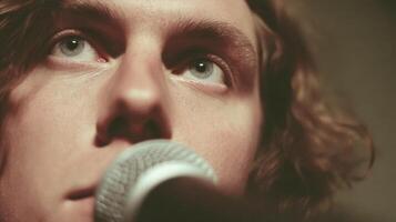 Close Up Portrait of a Young Male Musician Singing into a Microphone photo
