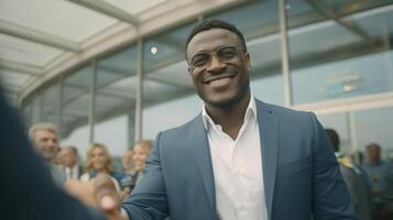 Smiling Businessman in Blue Suit Shakes Hands with Client Outdoors photo