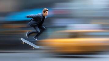 Dynamic Street Photography of a Skateboarder in Motion Blur photo