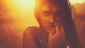 Golden Hour Portrait of a Woman with Intense Gaze photo