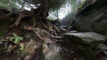 Moody Forest Scene with Sunlight Streaming Through Trees and Rocks photo