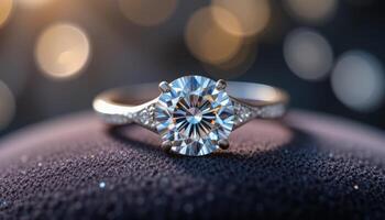 Solitaire Engagement Ring on Dark Surface with Bokeh photo
