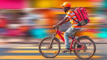 Motion Blur Photo of a Cyclist Speeding Down a Vibrant City Street