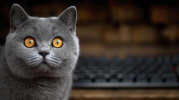 Close up Portrait of a Gray British Shorthair Cat with Bright Orange photo