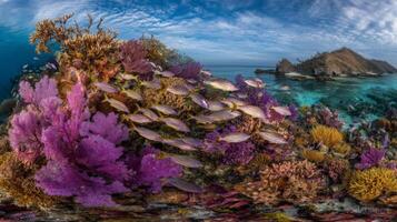 Vibrant Underwater Coral Reef Scene with School of Fish photo