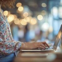 Person Typing on a Laptop in a Cafe photo