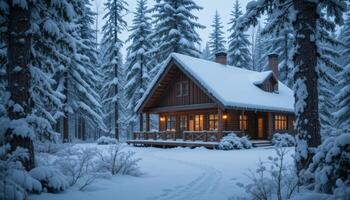 Rustic Cabin in a Snowy Forest at Dusk photo