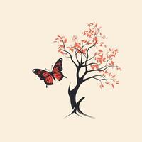 A red butterfly is flying over a tree with red leaves vector