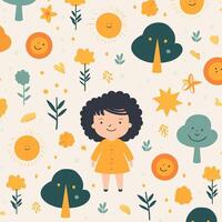 A girl in a yellow dress and sun is surrounded by trees and other objects vector