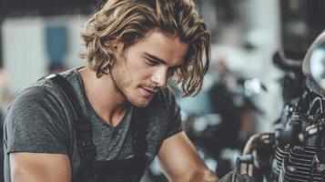 Focused Young Man Repairing Motorcycle Engine In A Workshop photo