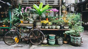 Retro Bicycle Parked in a Flower Filled Courtyard photo