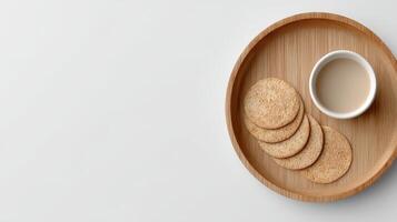 Minimalist Flatlay of Breakfast Tray with Pancakes and Crackers photo