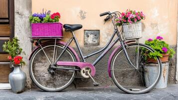 Retro Purple Bicycle with Flower Baskets Parked in a Colorful Courtyard photo