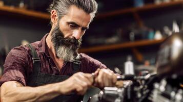 Mature Man With Gray Beard Repairing Motorcycle In Dimly Lit Workshop photo