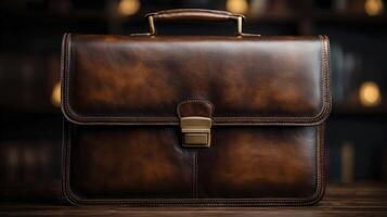 Dark Brown Leather Briefcase On Wooden Surface photo